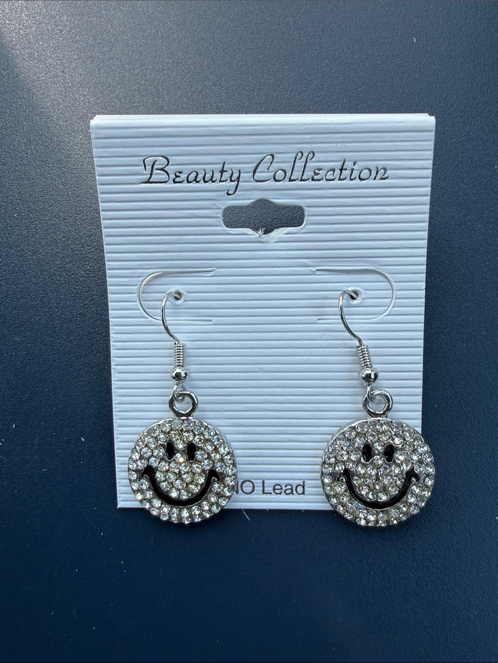 Silver Crystal Smiley Face Drop Earrings